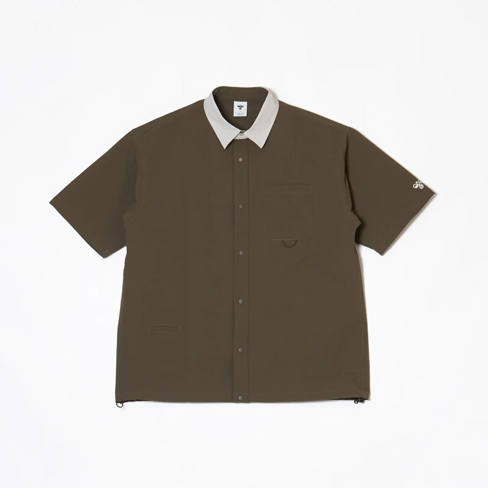 ヒュンメル PLAY シアサッカー半袖フルボタンシャツ hummel PLAY SEERSUCKER S/S FULL-BUTTON SHIRT カーキ メンズ HAW4237-591
