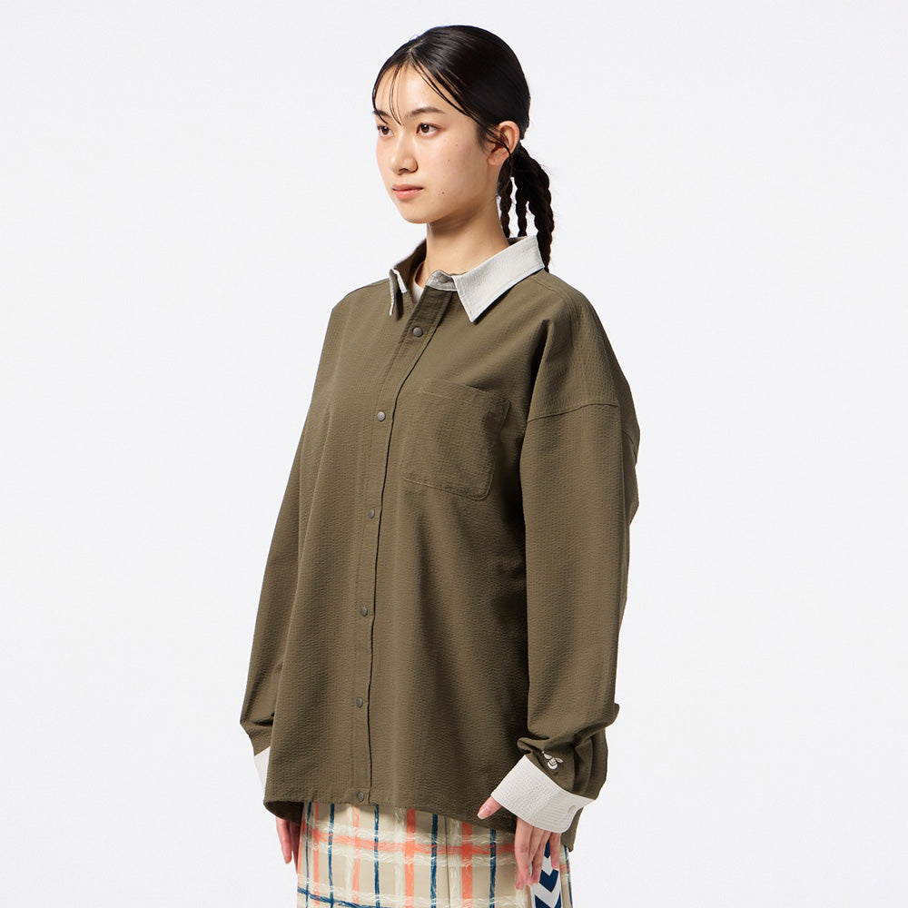 ヒュンメル PLAY シアサッカー長袖フルボタンシャツ hummel PLAY SEERSUCKER L/S FULL-BUTTON SHIRT カーキ メンズ HAW4238-591