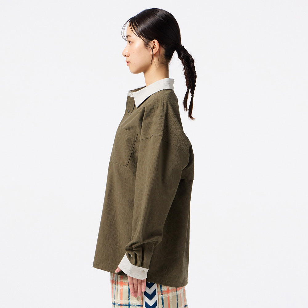 ヒュンメル PLAY シアサッカー長袖フルボタンシャツ hummel PLAY SEERSUCKER L/S FULL-BUTTON SHIRT カーキ メンズ HAW4238-591