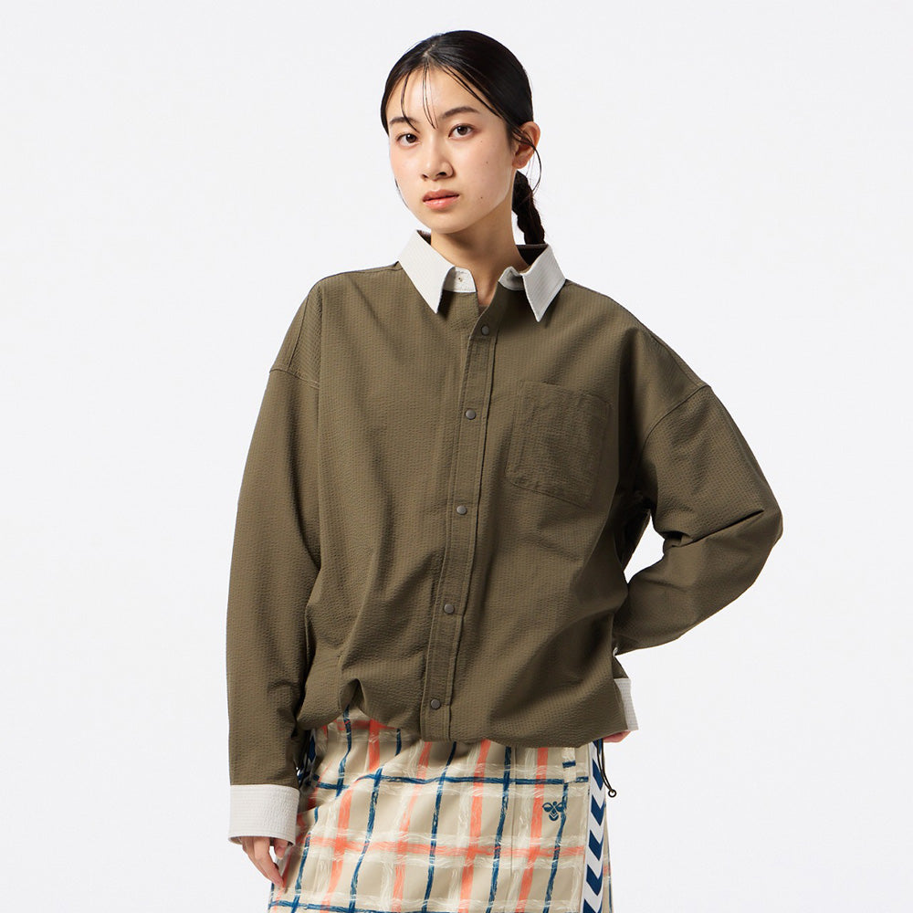 ヒュンメル PLAY シアサッカー長袖フルボタンシャツ hummel PLAY SEERSUCKER L/S FULL-BUTTON SHIRT カーキ メンズ HAW4238-591
