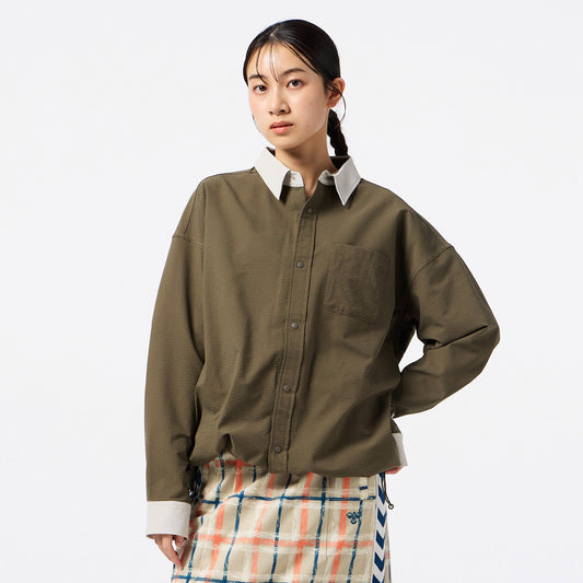 ヒュンメル PLAY シアサッカー長袖フルボタンシャツ hummel PLAY SEERSUCKER L/S FULL-BUTTON SHIRT カーキ メンズ HAW4238-591