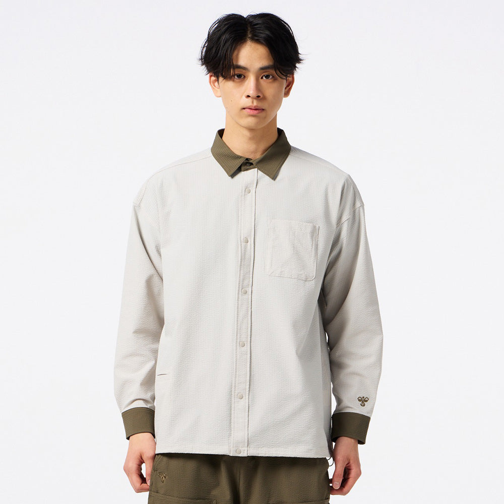 ヒュンメル PLAY シアサッカー長袖フルボタンシャツ hummel PLAY SEERSUCKER L/S FULL-BUTTON SHIRT シルバーバーチ メンズ HAW4238-951