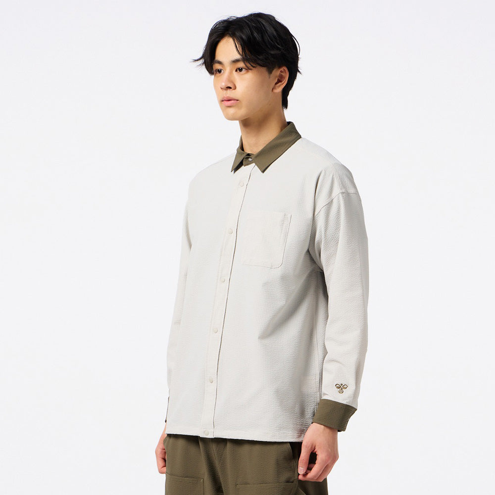 ヒュンメル PLAY シアサッカー長袖フルボタンシャツ hummel PLAY SEERSUCKER L/S FULL-BUTTON SHIRT シルバーバーチ メンズ HAW4238-951