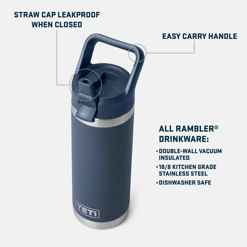 RAMBLER 18 OZ WATER BOTTLE WITH STRAW CAP 使用例・機能説明（別カラーの参考画像）